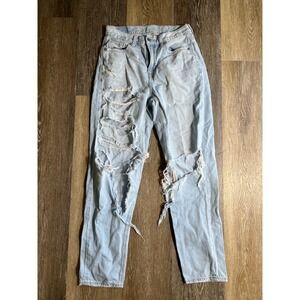 American Eagle Mom Jeans Womens 0 Light Wash Good Distressed Ripped High Rise